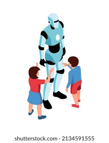 Isometric stem education composition with isolated image of anthropomorphic robot with little girl and boy vector illustration