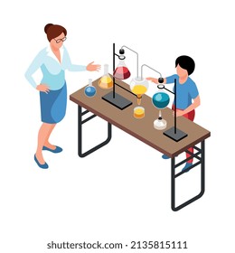 Isometric stem education composition with isolated image of teenage boy and female scientist with laboratory equipment vector illustration