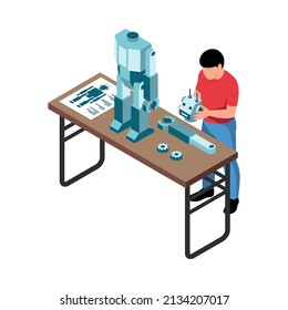 Isometric stem education composition with view of teenage boy assembling toy robot vector illustration