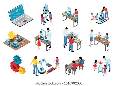 Isometric stem education set of isolated icons with laboratory equipment gear and human characters with robots vector illustration