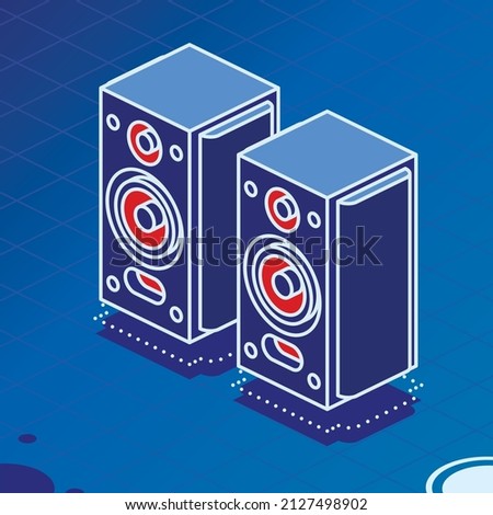 Isometric Stereo Acoustic Speakers. Vector Illustration. Outline Style. Sound System on Blue Background. Loudspeaker Icon.