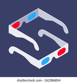 Isometric stereo glasses. The objects are isolated against the dark-violet background and shown from two sides 