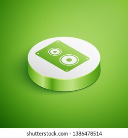 Isometric Stereo speaker icon isolated on green background. Sound system speakers. Music icon. Musical column speaker bass equipment. White circle button. Vector Illustration