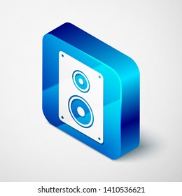 Isometric Stereo speaker icon isolated on white background. Sound system speakers. Music icon. Musical column speaker bass equipment. Blue square button. Vector Illustration