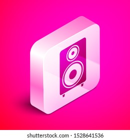 Isometric Stereo speaker icon isolated on pink background. Sound system speakers. Music icon. Musical column speaker bass equipment. Silver square button. Vector Illustration