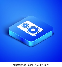 Isometric Stereo speaker icon isolated on blue background. Sound system speakers. Music icon. Musical column speaker bass equipment. Blue square button. Vector Illustration