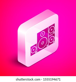 Isometric Stereo speaker icon isolated on pink background. Sound system speakers. Music icon. Musical column speaker bass equipment. Silver square button. Vector Illustration