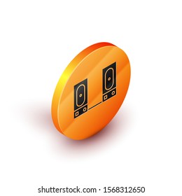 Isometric Stereo speaker icon isolated on white background. Sound system speakers. Music icon. Musical column speaker bass equipment. Orange circle button. Vector Illustration