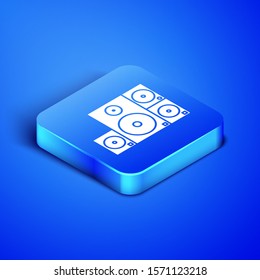 Isometric Stereo speaker icon isolated on blue background. Sound system speakers. Music icon. Musical column speaker bass equipment. Blue square button. Vector Illustration