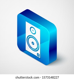Isometric Stereo speaker icon isolated on white background. Sound system speakers. Music icon. Musical column speaker bass equipment. Blue square button. Vector Illustration