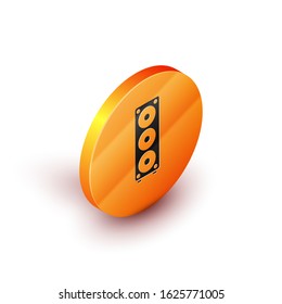 Isometric Stereo speaker icon isolated on white background. Sound system speakers. Music icon. Musical column speaker bass equipment. Orange circle button. Vector Illustration