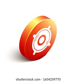Icono de altavoz estéreo isométrico aislado en fondo blanco. Altavoces del sistema de sonido. Icono de música. Equipo de bajos de altavoces de columna musical. Botón de círculo naranja.  Ilustración vectorial