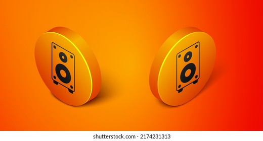 Isometrisches Stereo-Lautsprechersymbol einzeln auf orangefarbenem Hintergrund. Lautsprecher des Soundsystems. Musiksymbol. Bassausrüstung für Musikalspulenlautsprecher. orangefarbene Kreistaste. Vektorgrafik
