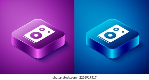 Isometric Stereo speaker icon isolated on blue and purple background. Sound system speakers. Music icon. Musical column speaker bass equipment. Square button. Vector