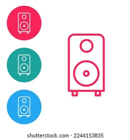 Isometric Stereo speaker icon isolated on orange background. Sound system speakers. Music icon. Musical column speaker bass equipment. Silver square button. Vector