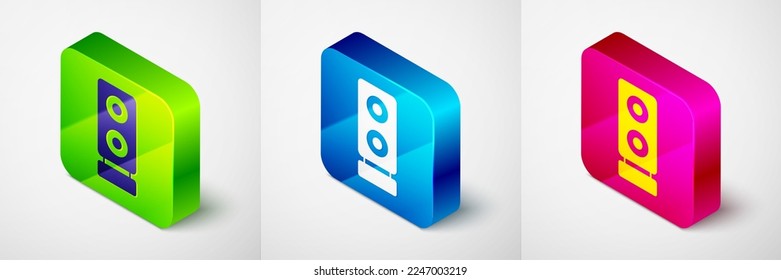 Isometric Stereo speaker icon isolated on grey background. Sound system speakers. Music icon. Musical column speaker bass equipment. Square button. Vector
