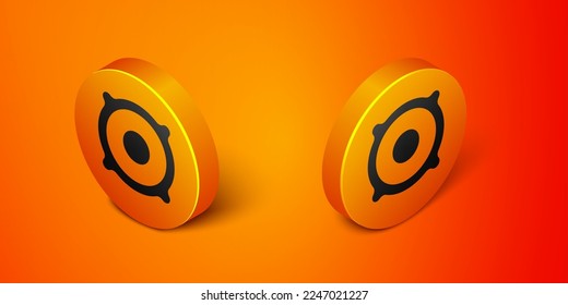 Isometric Stereo speaker icon isolated on orange background. Sound system speakers. Music icon. Musical column speaker bass equipment. Orange circle button. Vector