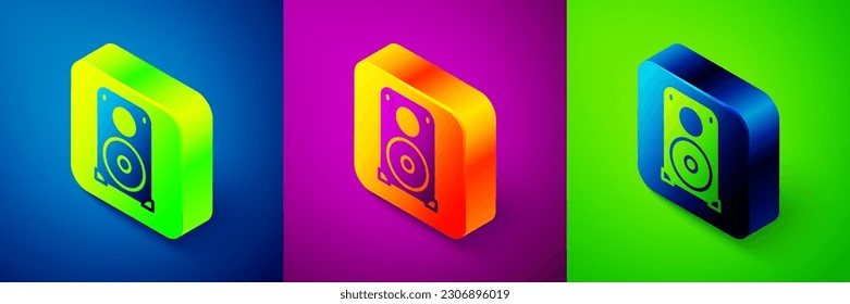 Isometric Stereo speaker icon isolated on blue, purple and green background. Sound system speakers. Music icon. Musical column speaker bass equipment. Square button. Vector