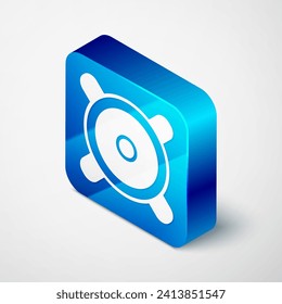 Isometric Stereo speaker icon isolated on grey background. Sound system speakers. Music icon. Musical column speaker bass equipment. Blue square button. Vector