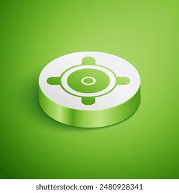 Icono de altavoz estéreo isométrico aislado sobre fondo verde. Altavoces del sistema de sonido. Icono de música. Equipo de graves de altavoz de columna musical. Botón de círculo blanco. Vector