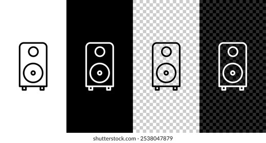 Icono de altavoz estéreo isométrico aislado sobre fondo gris. Altavoces del sistema de sonido. Icono de música. Equipo de bajos de altavoces de columna musical. Botón cuadrado azul. Vector