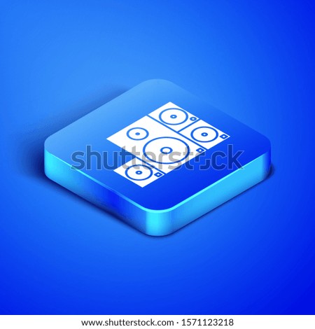Isometric Stereo speaker icon isolated on blue background. Sound system speakers. Music icon. Musical column speaker bass equipment. Blue square button. Vector Illustration
