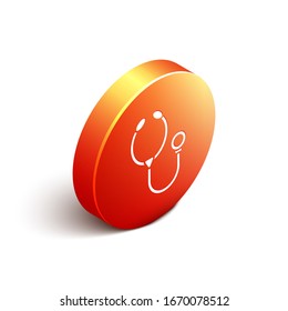 Isometric Stethoscope medical instrument icon isolated on white background. Orange circle button. Vector Illustration
