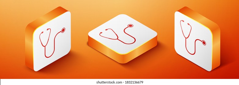 Isometric Stethoscope medical instrument icon isolated on orange background. Orange square button. Vector.