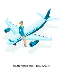 Isometric stewardess sits on the airplane. Beautiful girl in colorful clothes, uniform, makeup, hairstyle. A woman in her favorite work.