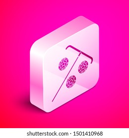 Isometric Stick for chips icon isolated on pink background. Casino gambling. Silver square button. Vector Illustration