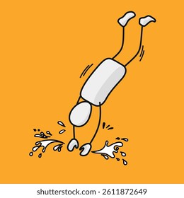 Isometric stick man figure story set character jumping in a pool