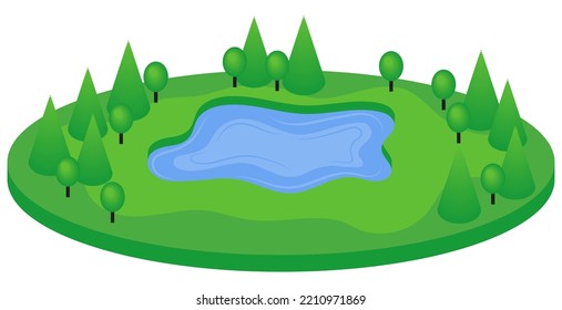 Isometric sticker of a lawn with a lake in a coniferous deciduous forest. Vector illustration of a natural landscape, isolated on a transparent background