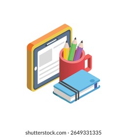 Isometric still life illustration of a tablet, notebook, and pencil holder. Flat design style, clean and modern on a White Background.