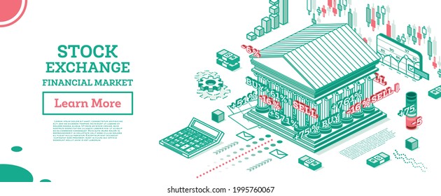 Isometric Stock Exchange Building. Outline Bank. Vector Illustration. Business Finance District. Display Of Changes Of Stock Market Quotes. Japanese Candles. Financial Market. Forex.