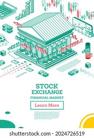 Isometric Stock Exchange Building. Outline Bank. Vector Illustration. Business Finance District. Display of Changes of Stock Market Quotes. Japanese Candles. Financial Market. Forex.