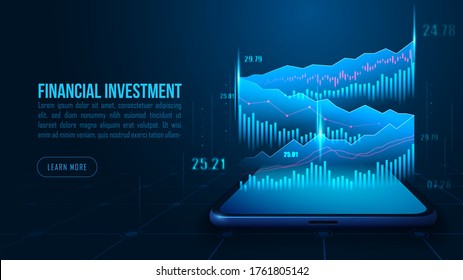 Isometric stock or forex trading graph on smartphone in futuristic concept design suitable for web page banner or presentation. Vector illustration