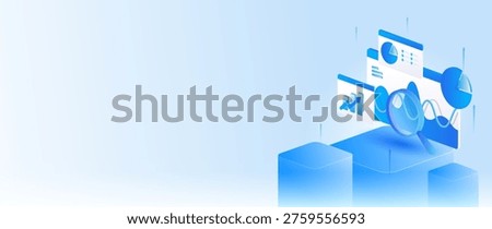 Isometric stock market data analysis with magnifying glass, business financial analytics dashboard, and stock market research concept web banner.