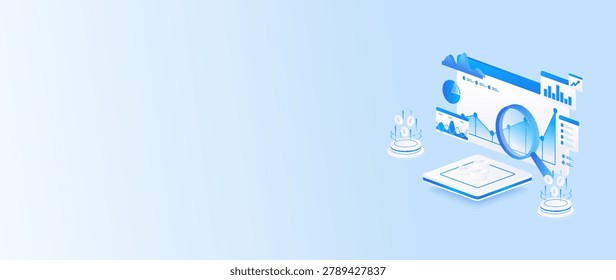 Isometric stock market data analyzing with magnifying glass, stock market chart and business performance concept web banner