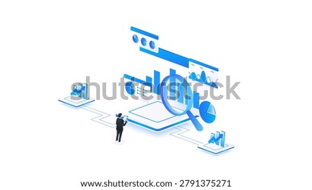 Isometric stock market digital data analyzing with magnifying glass, business analyzing stock market graph concept in blue digital style