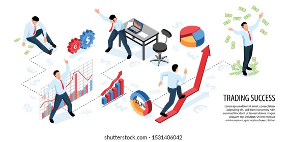 Isometric stock market exchange trading horizontal infographics with composition of signs symbols and people with text vector illustration
