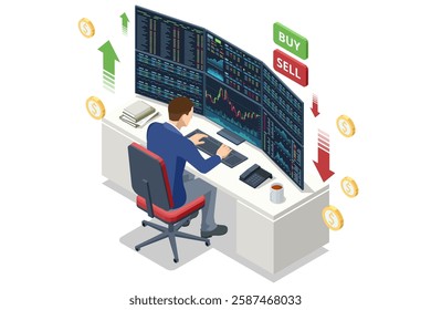 Isometric stock market seesaw with a bull and bear trader. Market volatility is depicted with rising and falling candlestick charts and arrows.