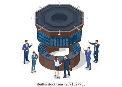 Isometric of a stock trading floor with traders discussing and analyzing multiple financial screens. Stock trading, cryptocurrency, forex, investment.