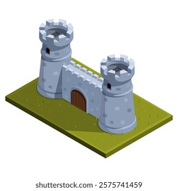 isometric stone castle gate with towers on lawn, vector illustration