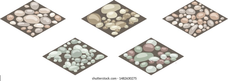 Isometric stone texture tiles. Set of stones, rocks, cobble,shingle on ground for design landscape scenes or background. Can be used in game asset, cartoon. Vector illustration