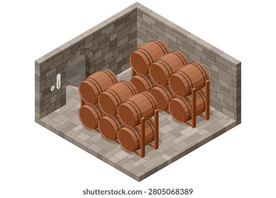 Isometric stone wine cellar with stacked wooden barrel rack and cool storage room. Winery illustration shows maturation, aging, reserve stock and traditional alcohol preservation concept