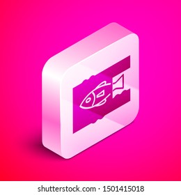 Isometric Stop ocean plastic pollution icon isolated on pink background. Environment protection concept. Fish say no to plastic. Silver square button. Vector Illustration