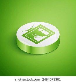 Isometric Stop plastic pollution icon isolated on green background. Ecological poster. White circle button. Vector Illustration