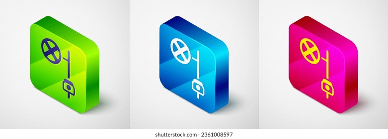 Isometric Stop sign with camera icon isolated on grey background. Traffic regulatory warning stop symbol. Square button. Vector
