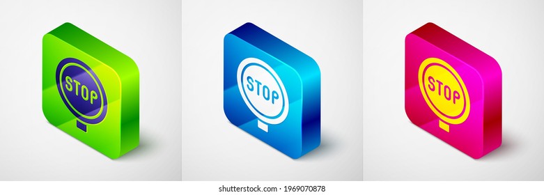 Isometric Stop sign icon isolated on grey background. Traffic regulatory warning stop symbol. Square button. Vector