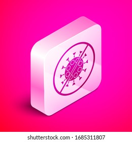 Isometric Stop virus icon isolated on pink background. Corona virus 2019-nCoV. Bacteria and germs, cell cancer, microbe, fungi. Silver square button. Vector Illustration